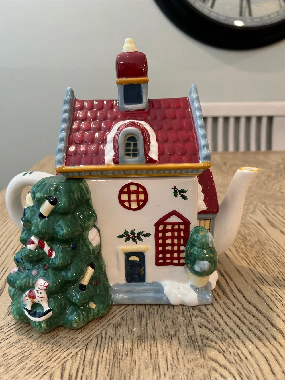 Spode Christmas Tree Village Hall Teapot in Red, Green, White